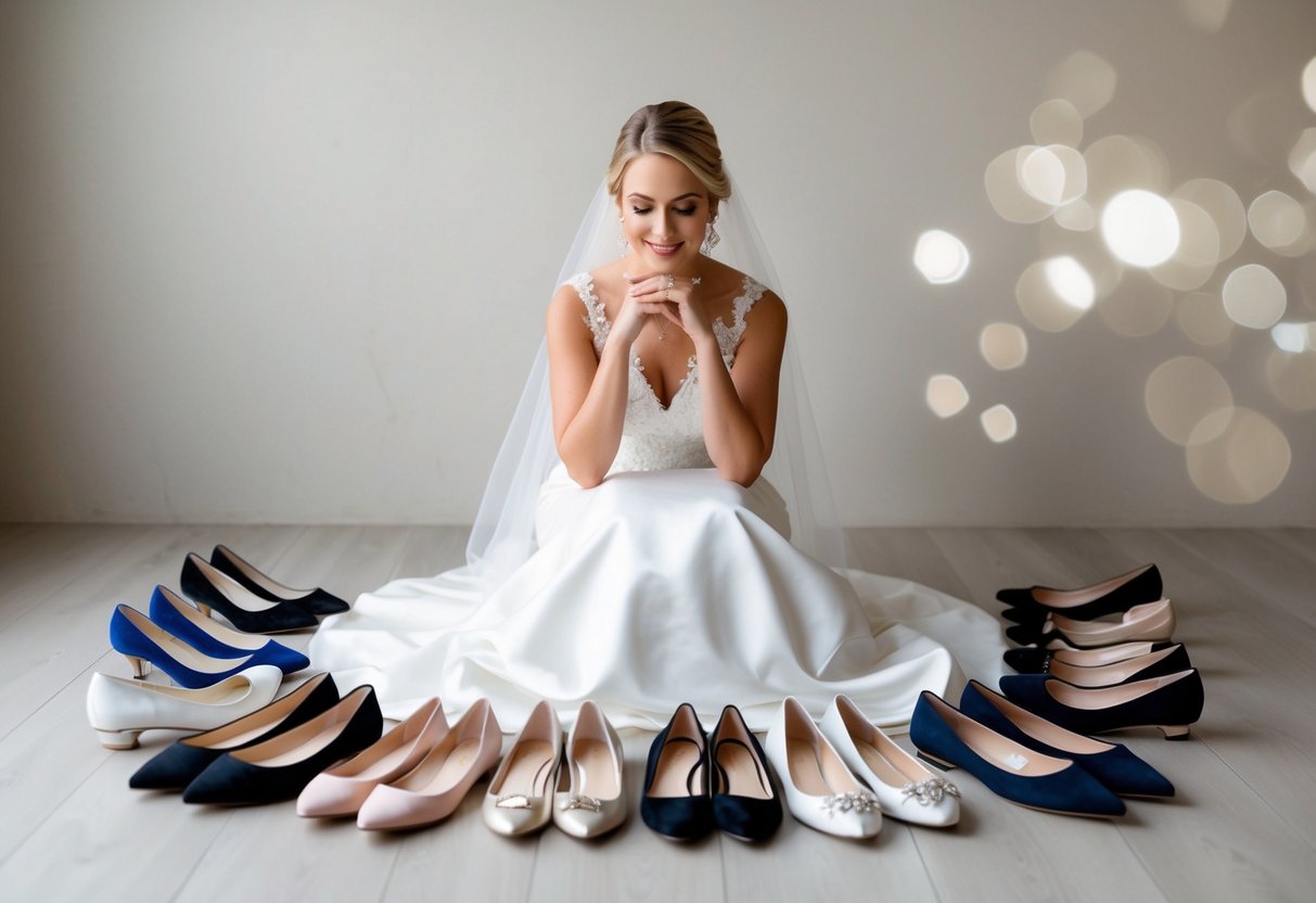 A bride sits surrounded by various styles of elegant flats, considering her options for her wedding day