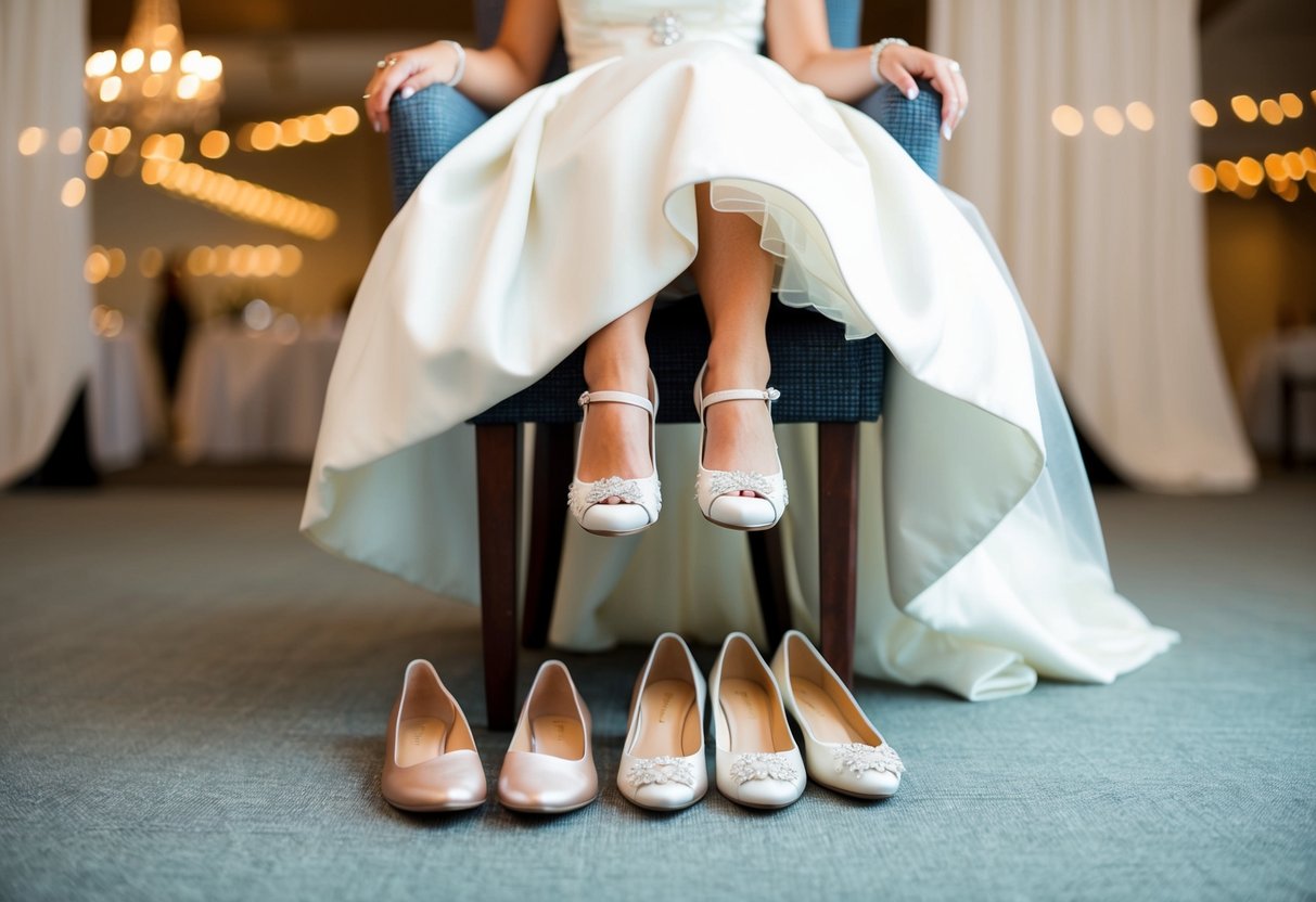 A bride sits on a chair surrounded by her wedding shoes and a pair of comfortable flats, as she switches out her footwear for the reception