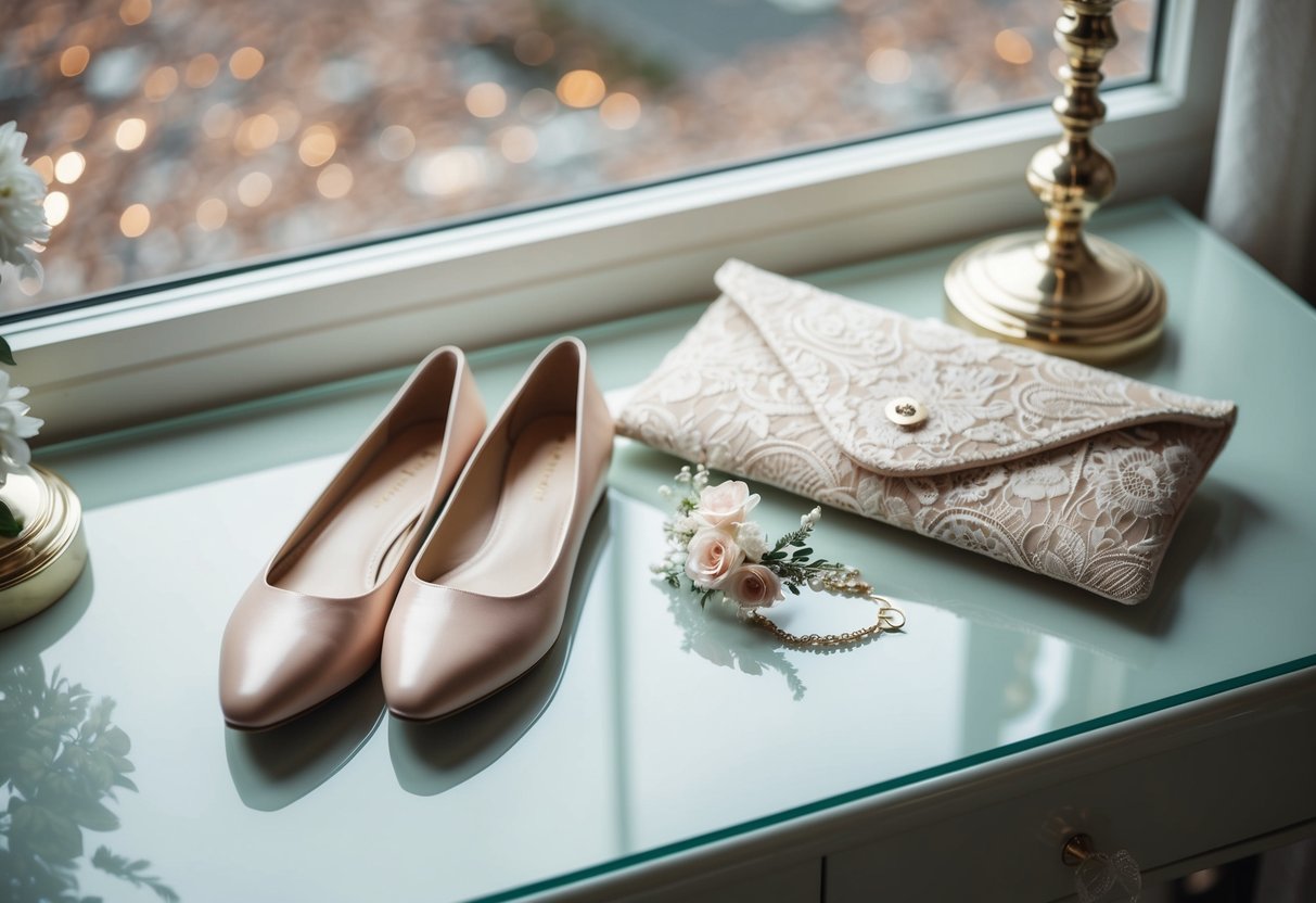 A pair of elegant flat shoes placed next to a delicate lace clutch and a floral hair accessory on a dressing table