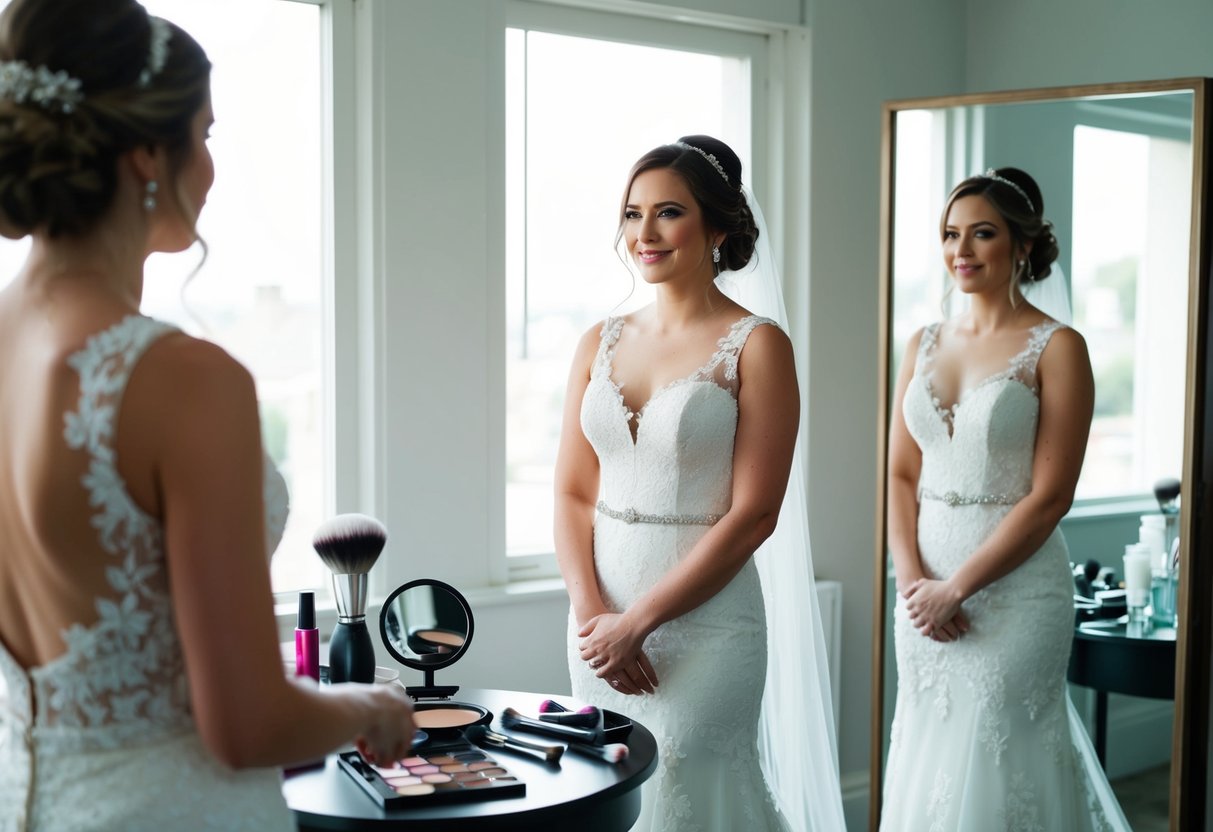 A bride wearing a wedding dress while standing in front of a mirror, with makeup scattered on the table next to her
