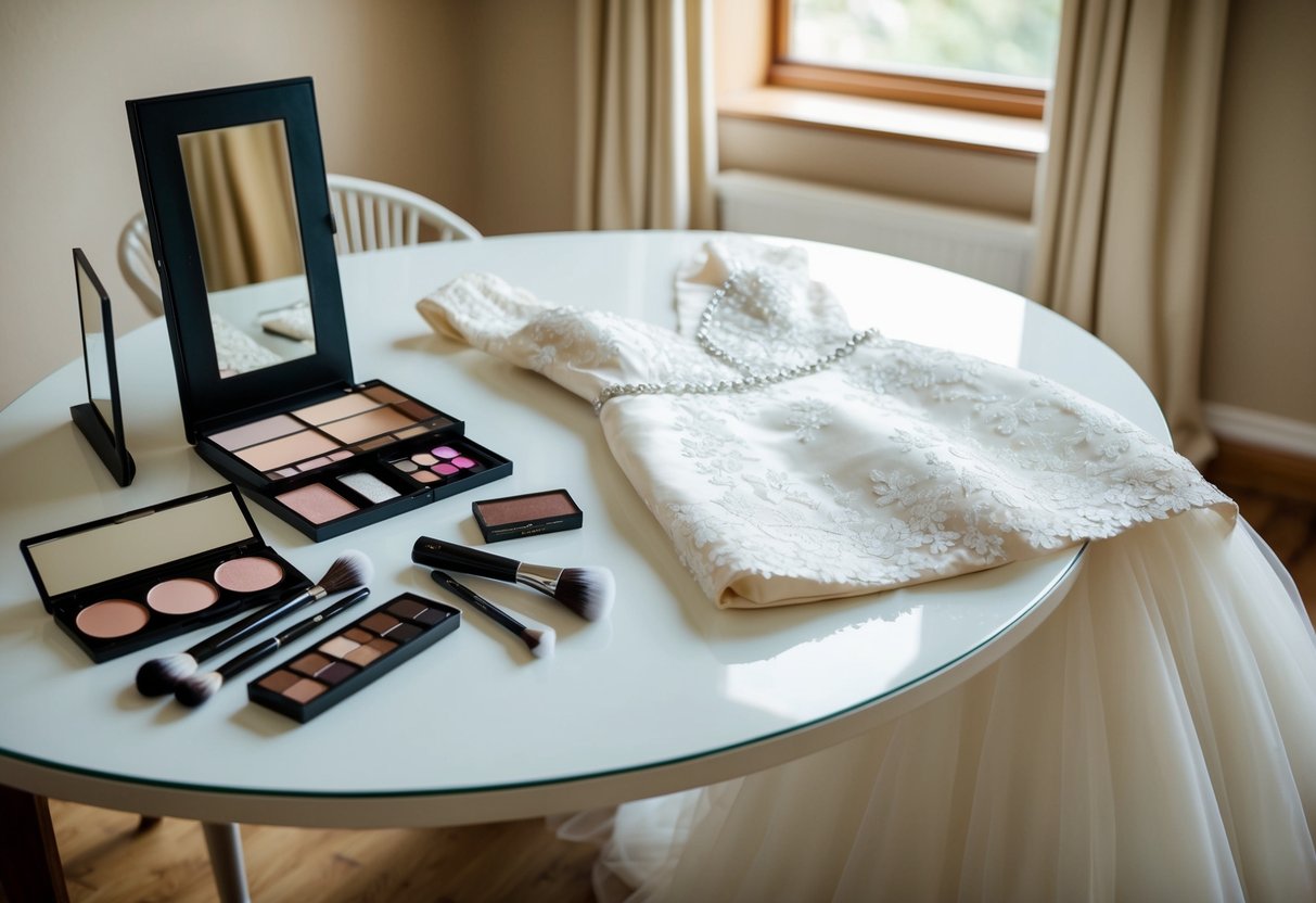 A bride's makeup and wedding dress laid out on a table, with a mirror and chair nearby for the fitting