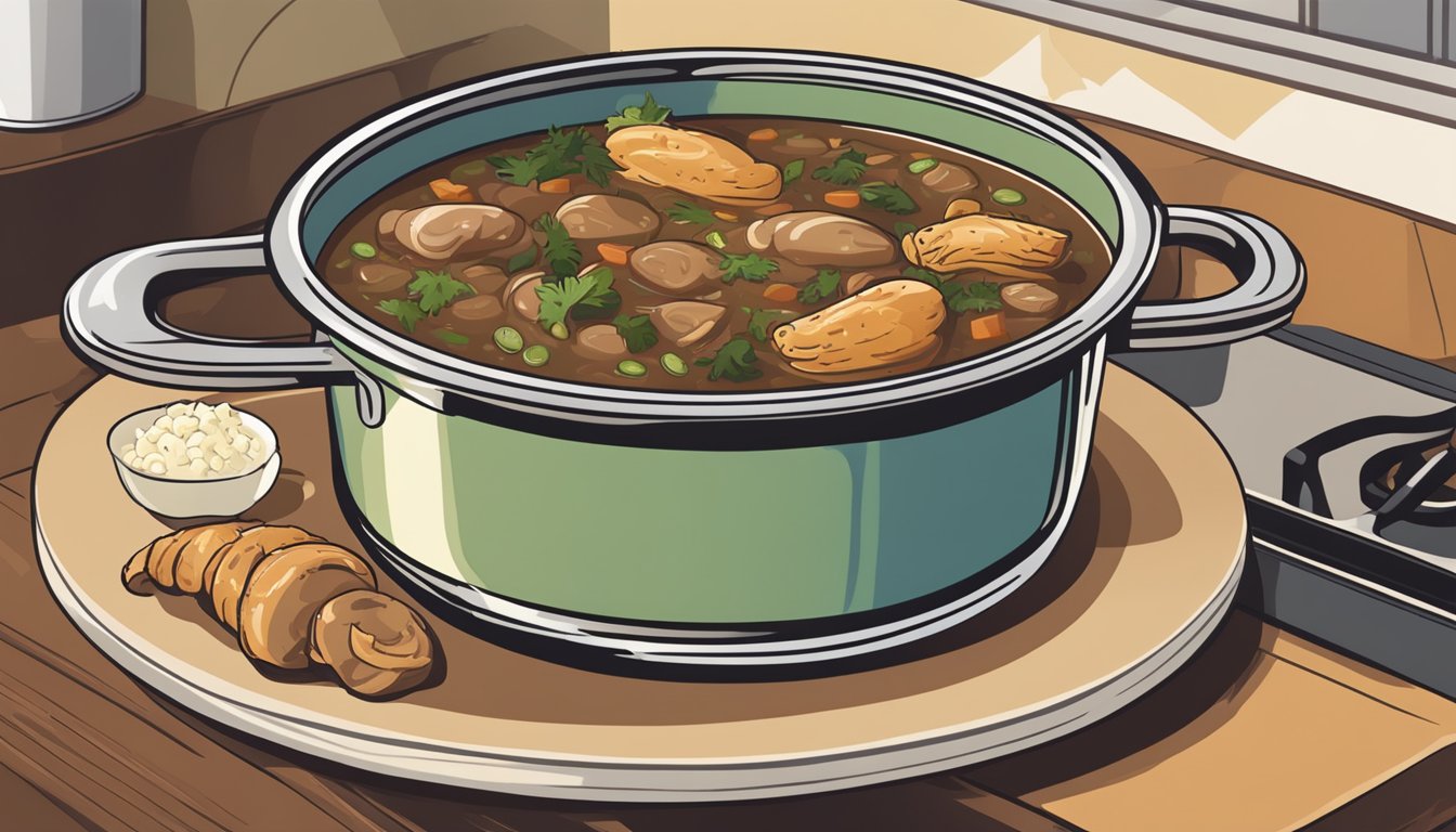 A pot of gumbo simmering on a stovetop, steam rising, with chicken and sausage floating in a rich, flavorful broth