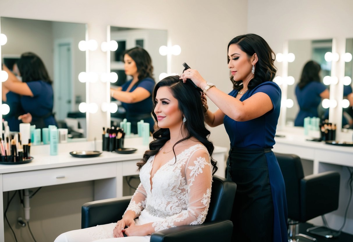 A woman sitting in a bridal salon chair, surrounded by mirrors and makeup products, with a hairstylist working on her hair