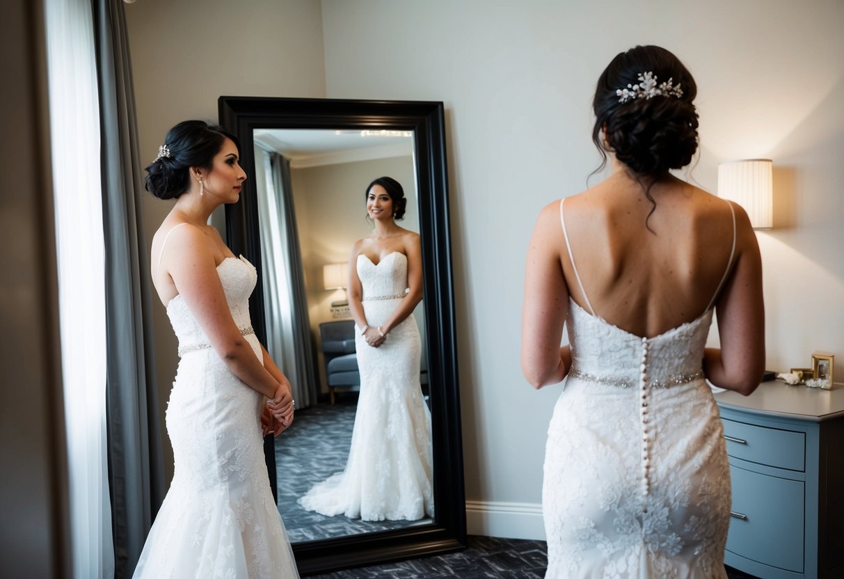 A bride-to-be stands in front of a full-length mirror at a dress fitting, contemplating whether to wear makeup