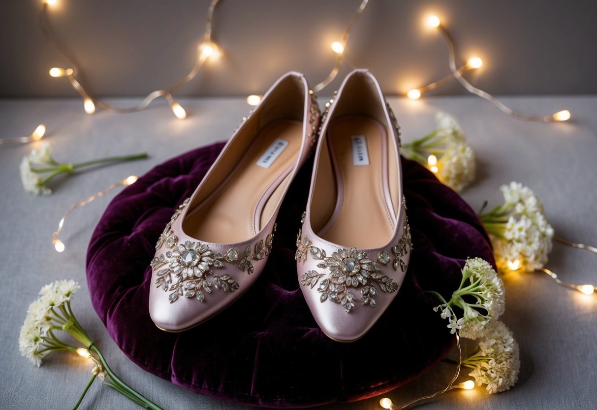 A pair of elegant, embellished flats sit on a plush velvet cushion, surrounded by delicate flowers and twinkling fairy lights