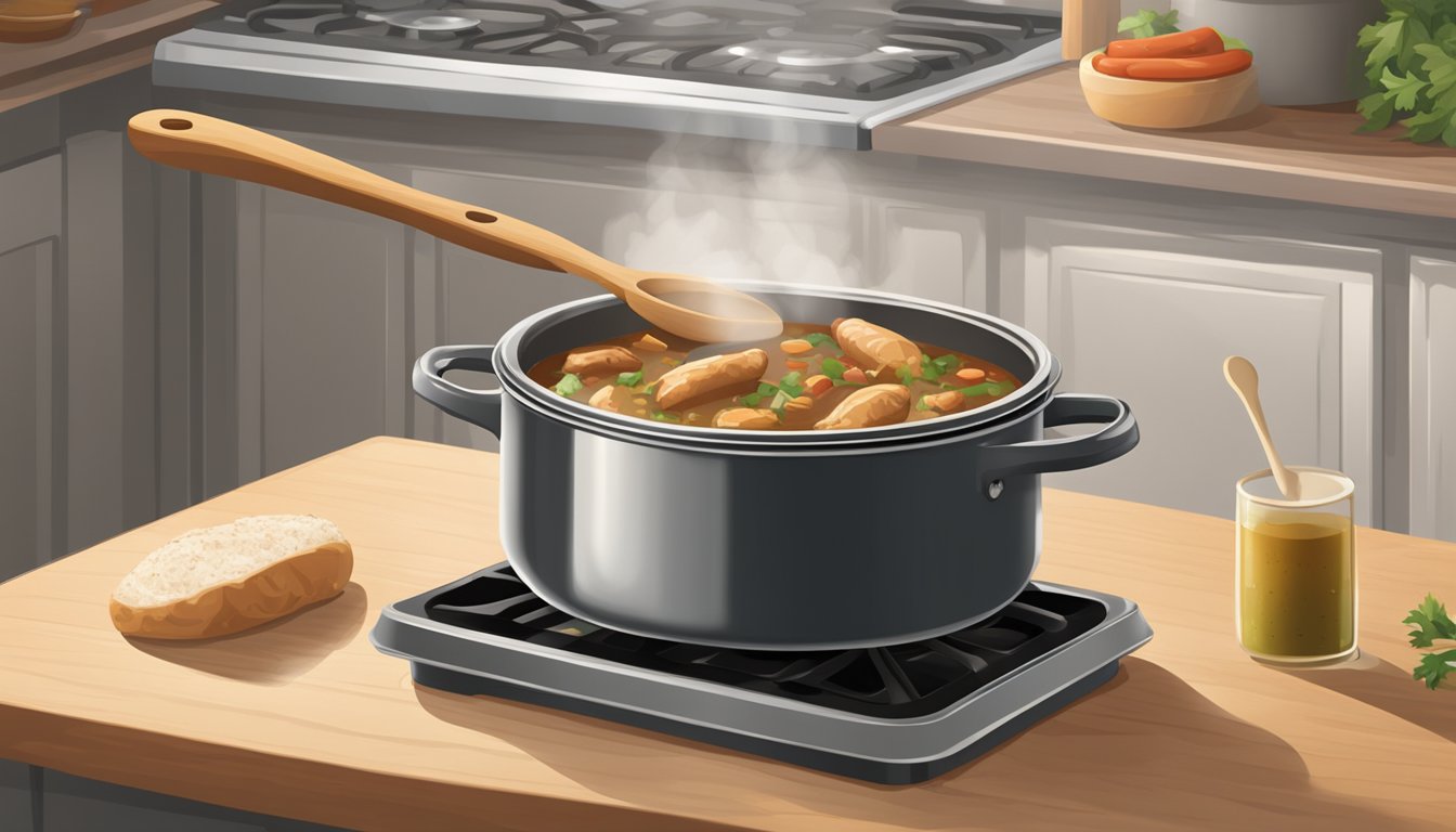 A steaming pot of chicken and sausage gumbo sits on a stove, covered with a lid. A wooden spoon rests on the counter next to the pot