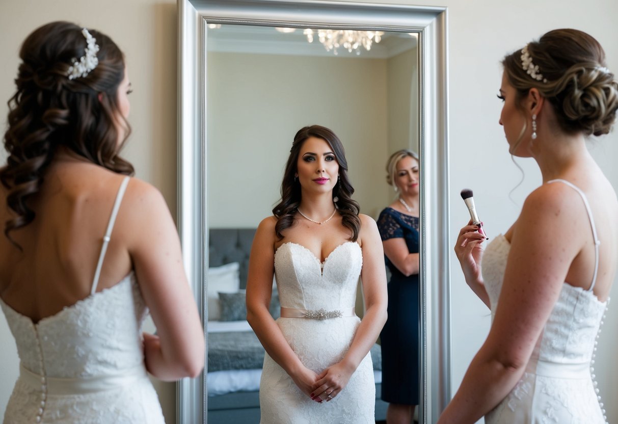 A bride standing in front of a mirror at a wedding dress fitting, contemplating whether to apply makeup