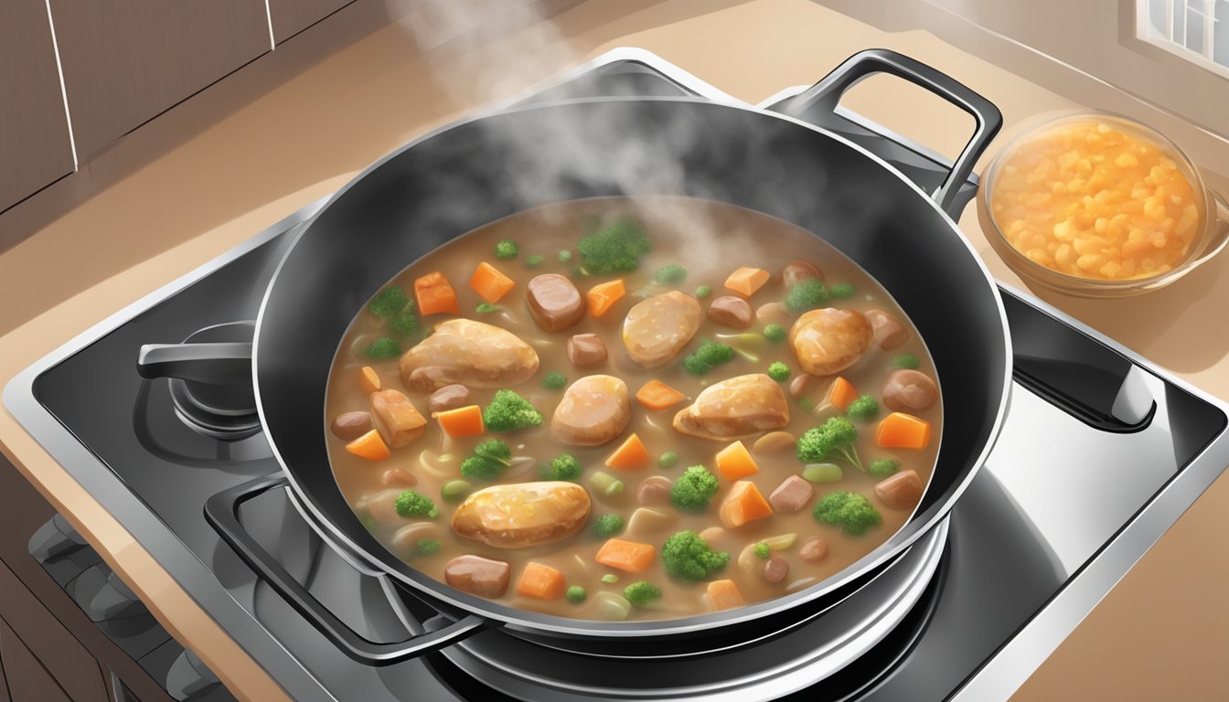 A pot of chicken and sausage gumbo being reheated on a stovetop, steam rising from the bubbling mixture