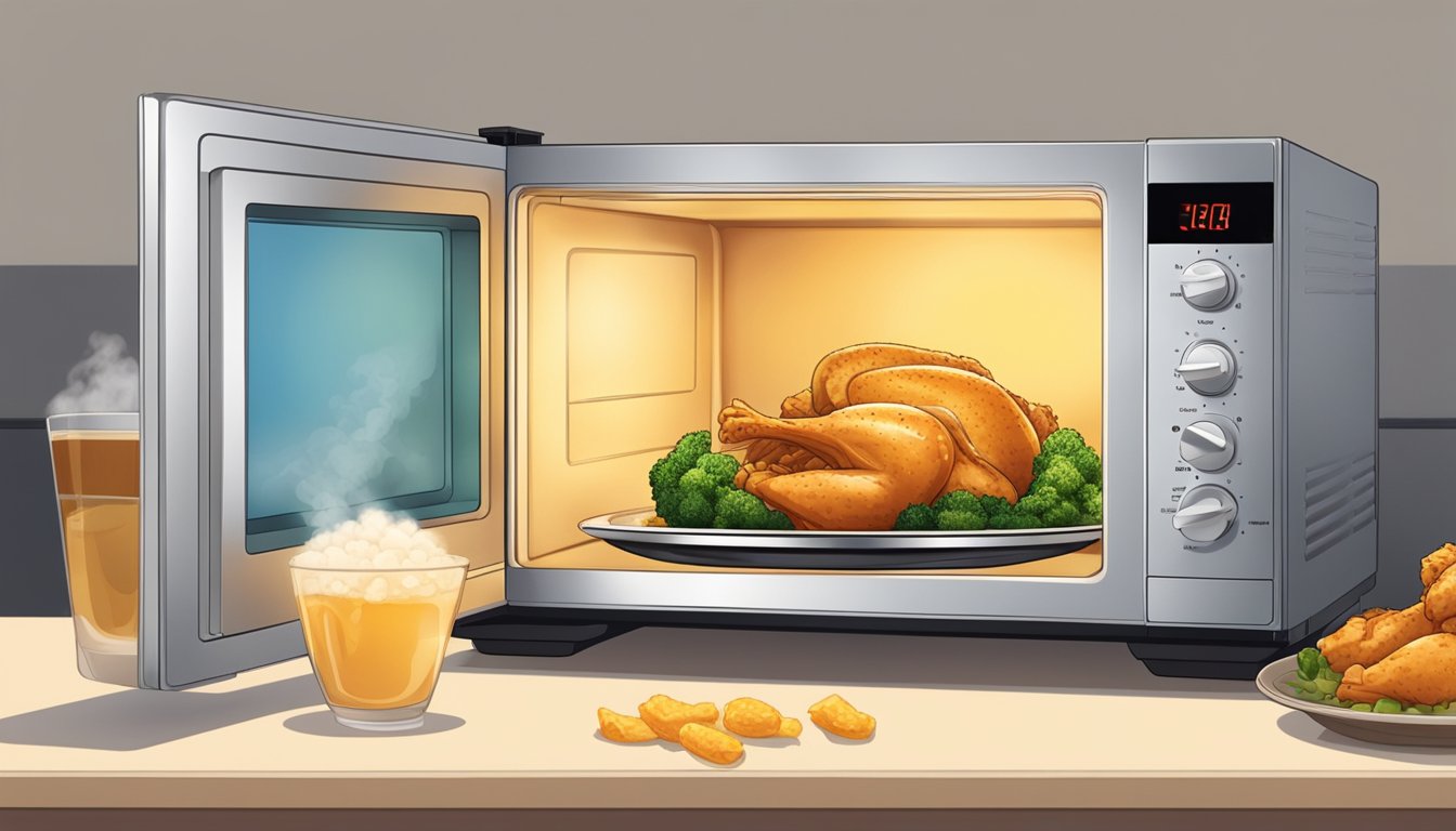 A microwave with a plate of chicken inside, steam rising as the food heats up