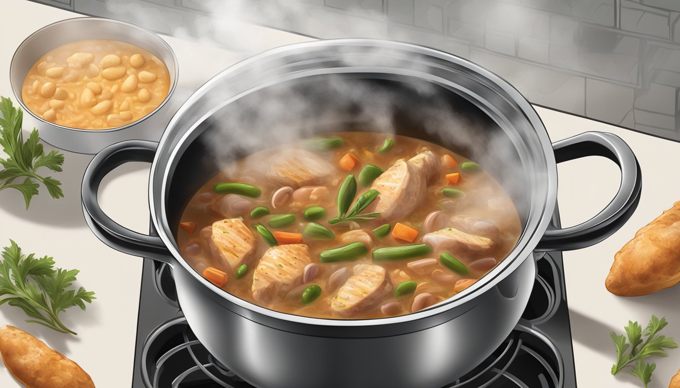 A steaming pot of chicken and sausage gumbo being gently reheated on a stovetop, with aromatic steam rising and flavors intensifying