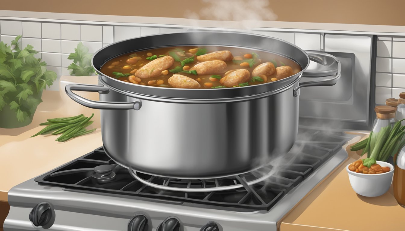 A pot of chicken and sausage gumbo being heated over a stove, with steam rising and the rich aroma filling the kitchen