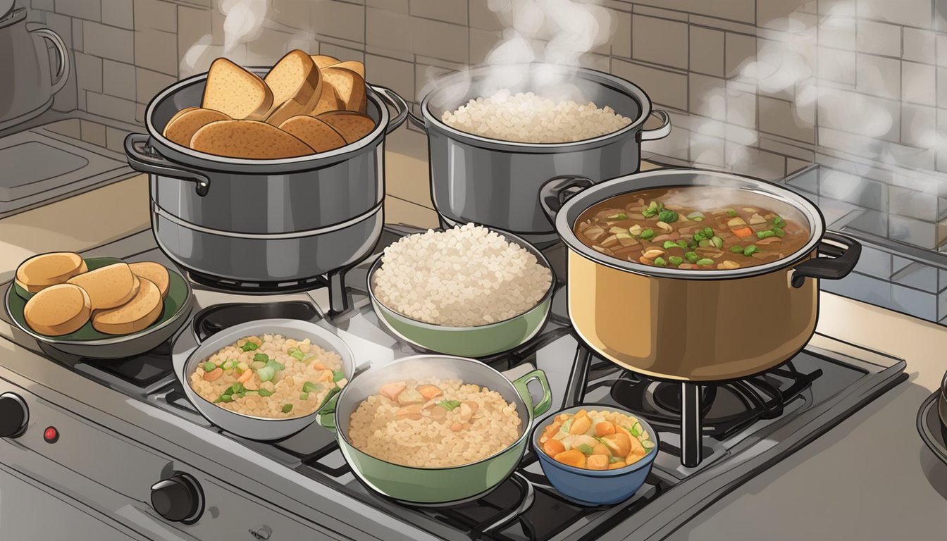 A steaming pot of chicken and sausage gumbo being gently reheated on a stovetop, surrounded by bowls of rice and a basket of warm, crusty bread