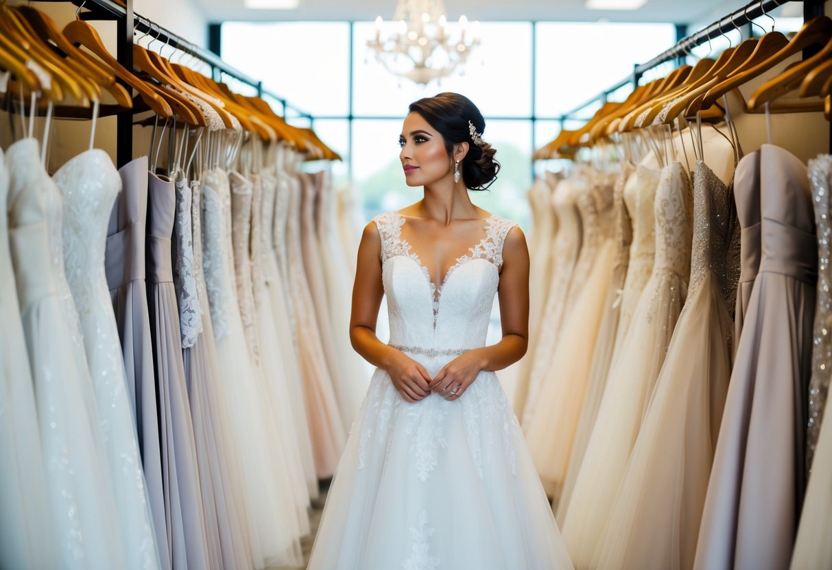 A bride standing in a bridal boutique, surrounded by racks of wedding dresses, looking contemplative