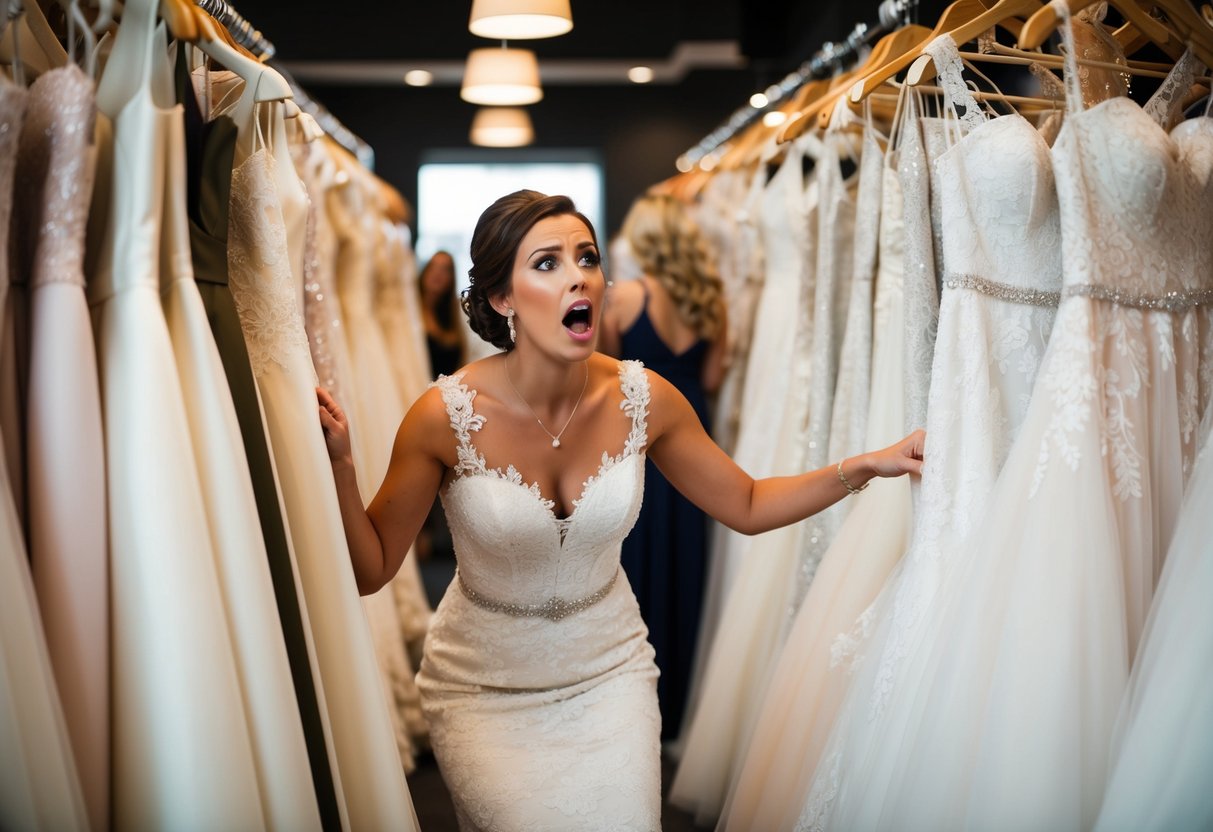 A bride-to-be frantically searches through racks of wedding dresses in a bustling boutique, her worried expression reflecting the urgency of her looming wedding date