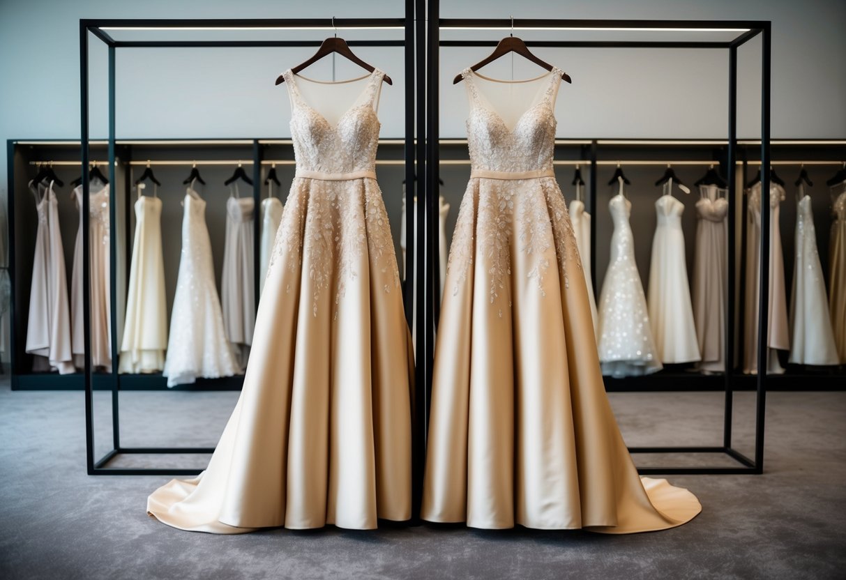 Two elegant dresses in matching shades of champagne hang side by side in a luxurious bridal boutique