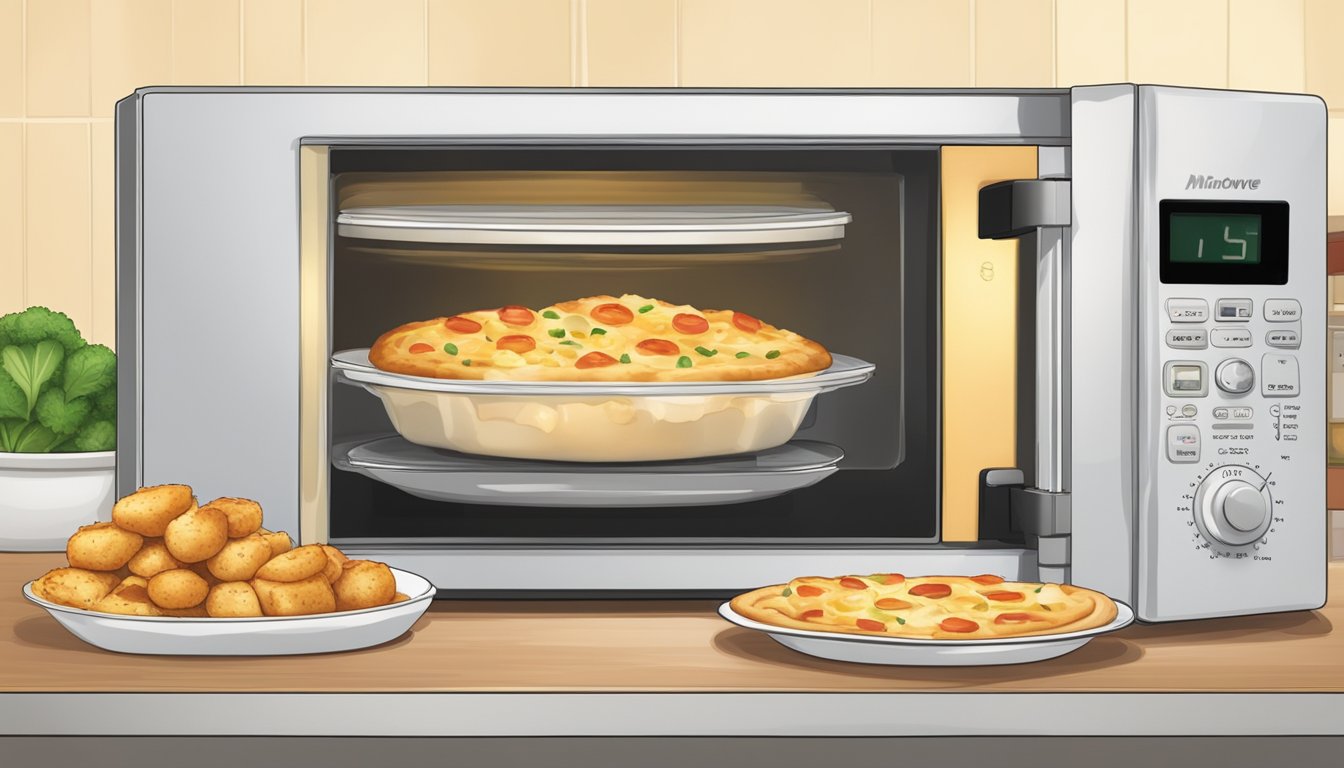 A microwave with chicken alfredo pizza rolls inside, a plate, and a food thermometer