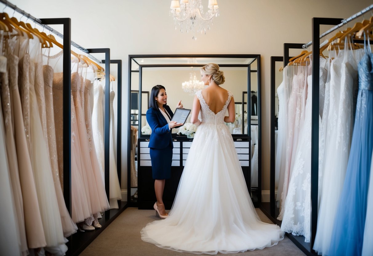 A bride-to-be standing in a bridal boutique, surrounded by racks of wedding dresses and a large mirror. A consultant is pointing to a calendar, discussing appointment availability
