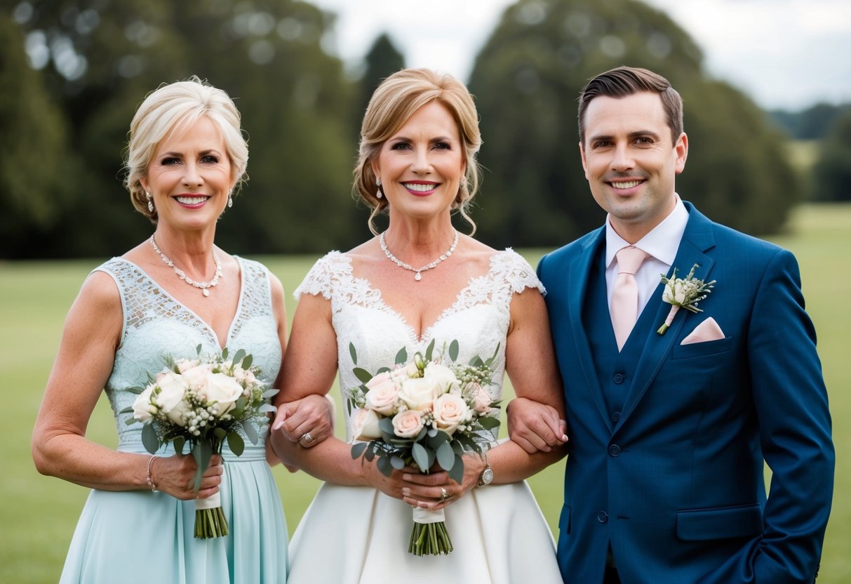A mother of the bride and a mother of the groom standing side by side, both wearing dresses in harmonious, coordinating colors