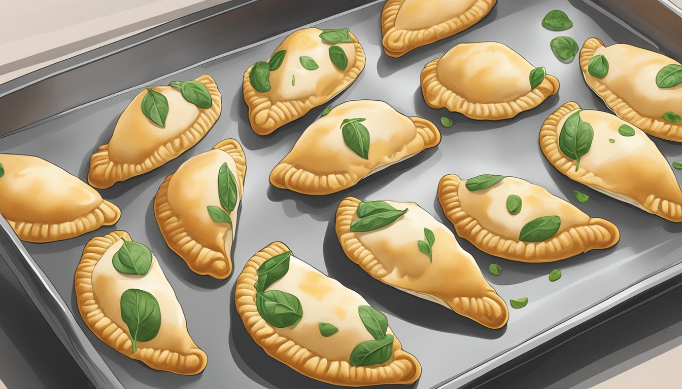 A tray of chicken and spinach empanadas arranged on a baking sheet, with a light coating of oil brushed on top, ready to be placed in the oven for reheating