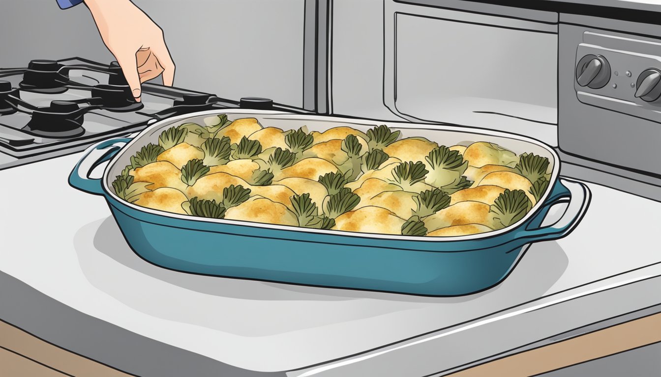 A casserole dish filled with chicken and artichoke casserole being placed in the oven for reheating