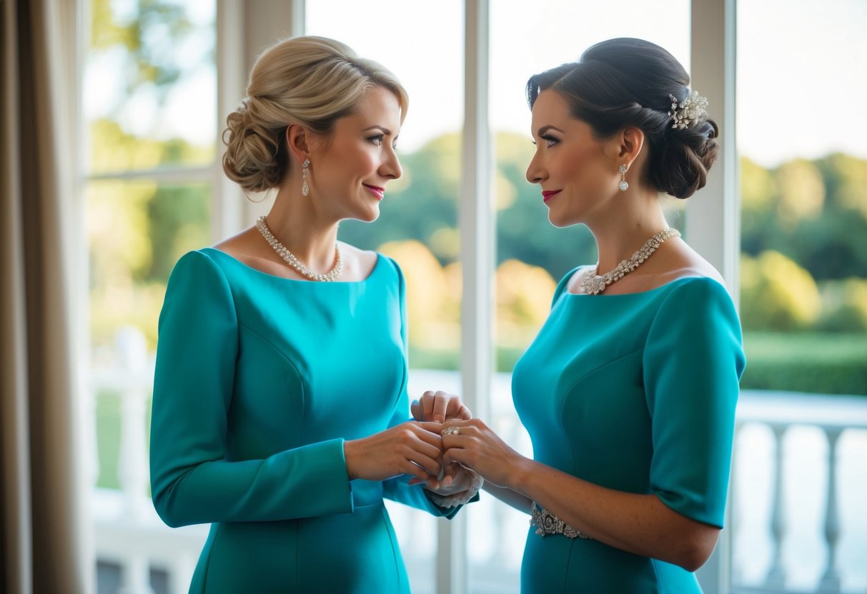 A wedding scene with two elegantly dressed women in matching colors, discussing dress etiquette