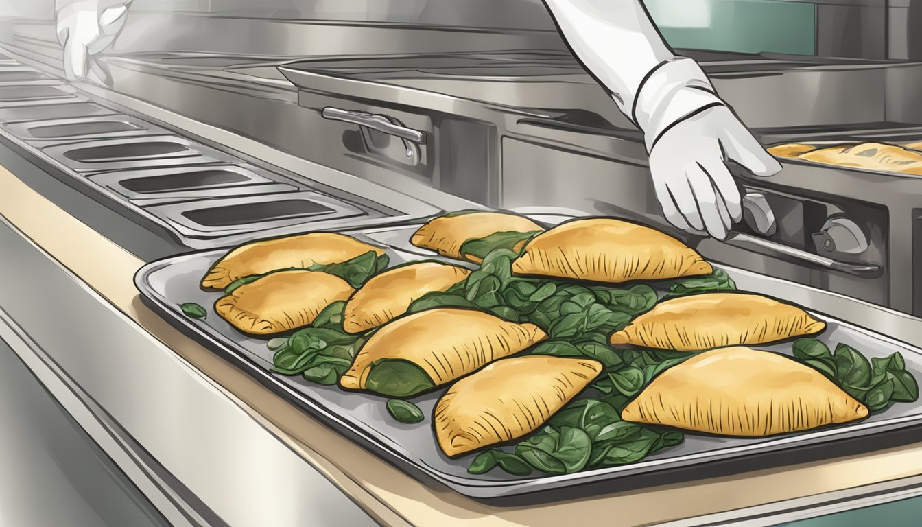 A tray of golden brown chicken and spinach empanadas being removed from a preheated oven