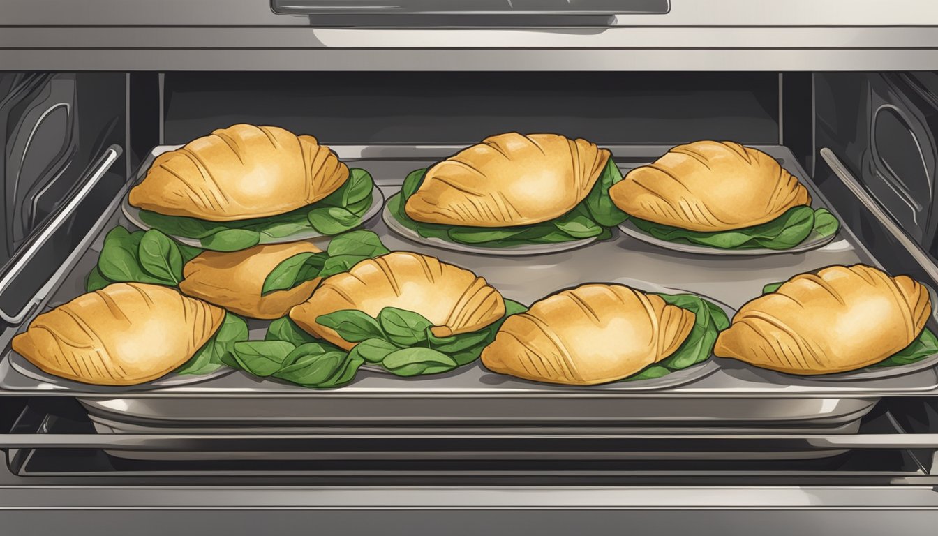 A plate of chicken and spinach empanadas being heated in an oven, with crisp golden brown crust and steam rising from the hot filling