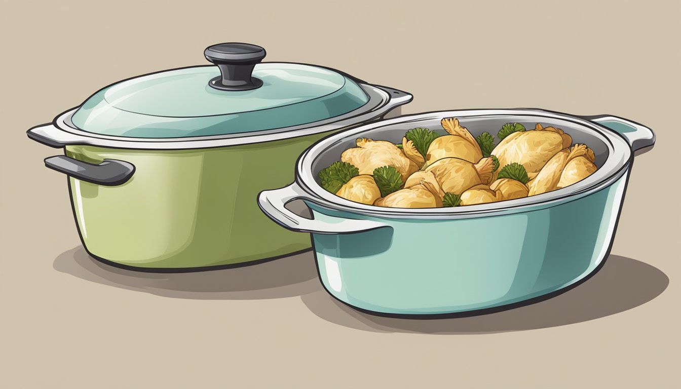 A casserole dish with chicken and artichoke casserole placed inside a preheated oven, with the oven door closed and the timer set