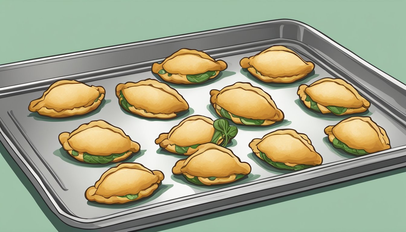 A baking sheet with golden brown chicken and spinach empanadas being removed from the oven