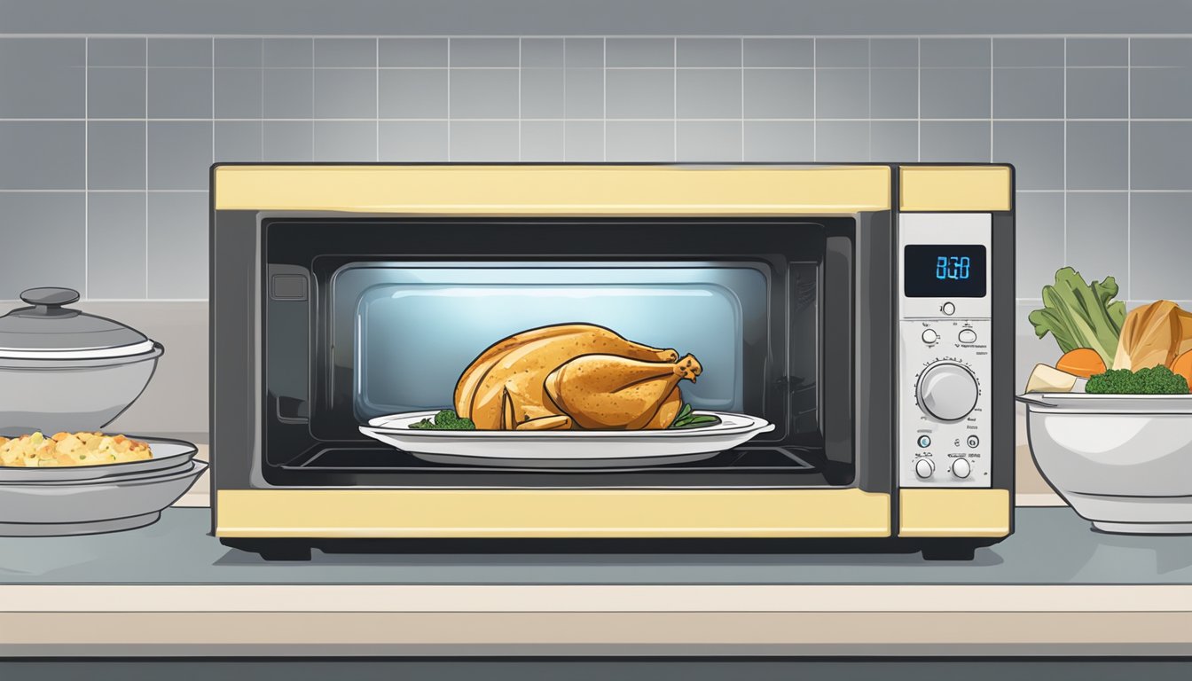 A casserole dish sits in the center of a microwave, surrounded by a rotating plate. Steam rises from the dish as it heats, ensuring even warmth and moisture for the chicken and artichoke casserole