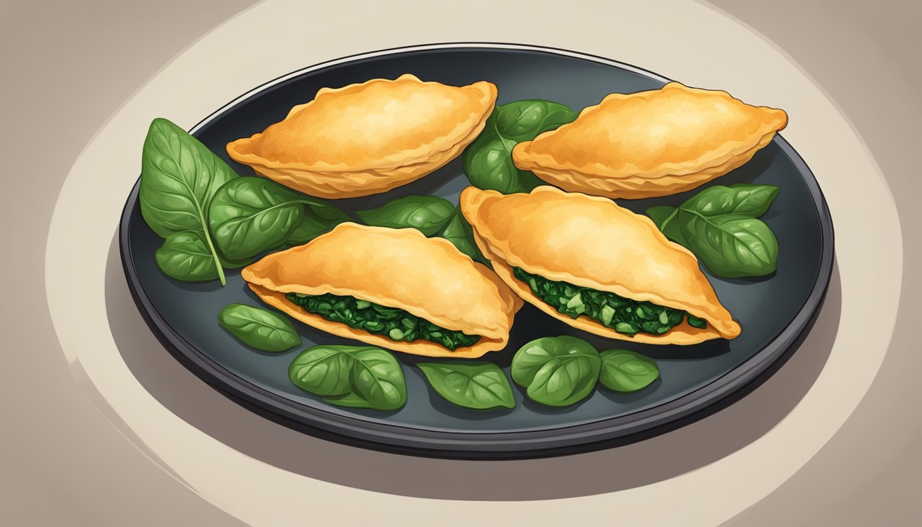 A plate of reheated chicken and spinach empanadas, steam rising, with a golden, crispy crust and a tantalizing aroma