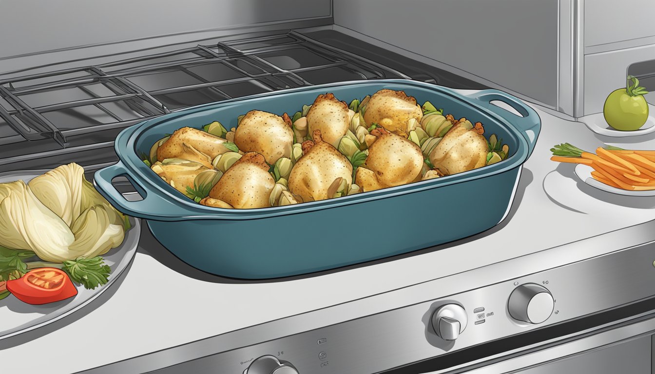 A casserole dish with chicken and artichoke, being reheated in the oven