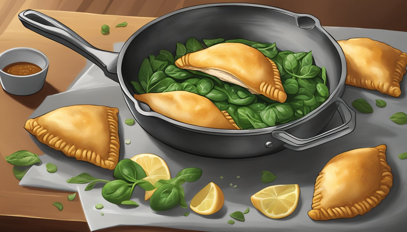 A golden-brown chicken and spinach empanada sizzling in a hot skillet, steam rising as it crisps up for maximum flavor