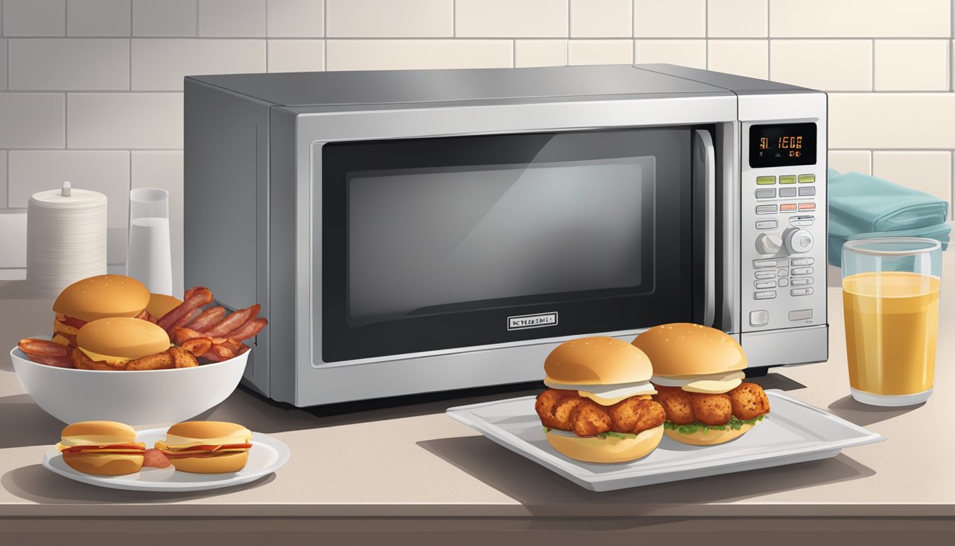 A microwave with a plate of chicken and bacon sliders inside, a paper towel covering the plate, and a timer set for reheating