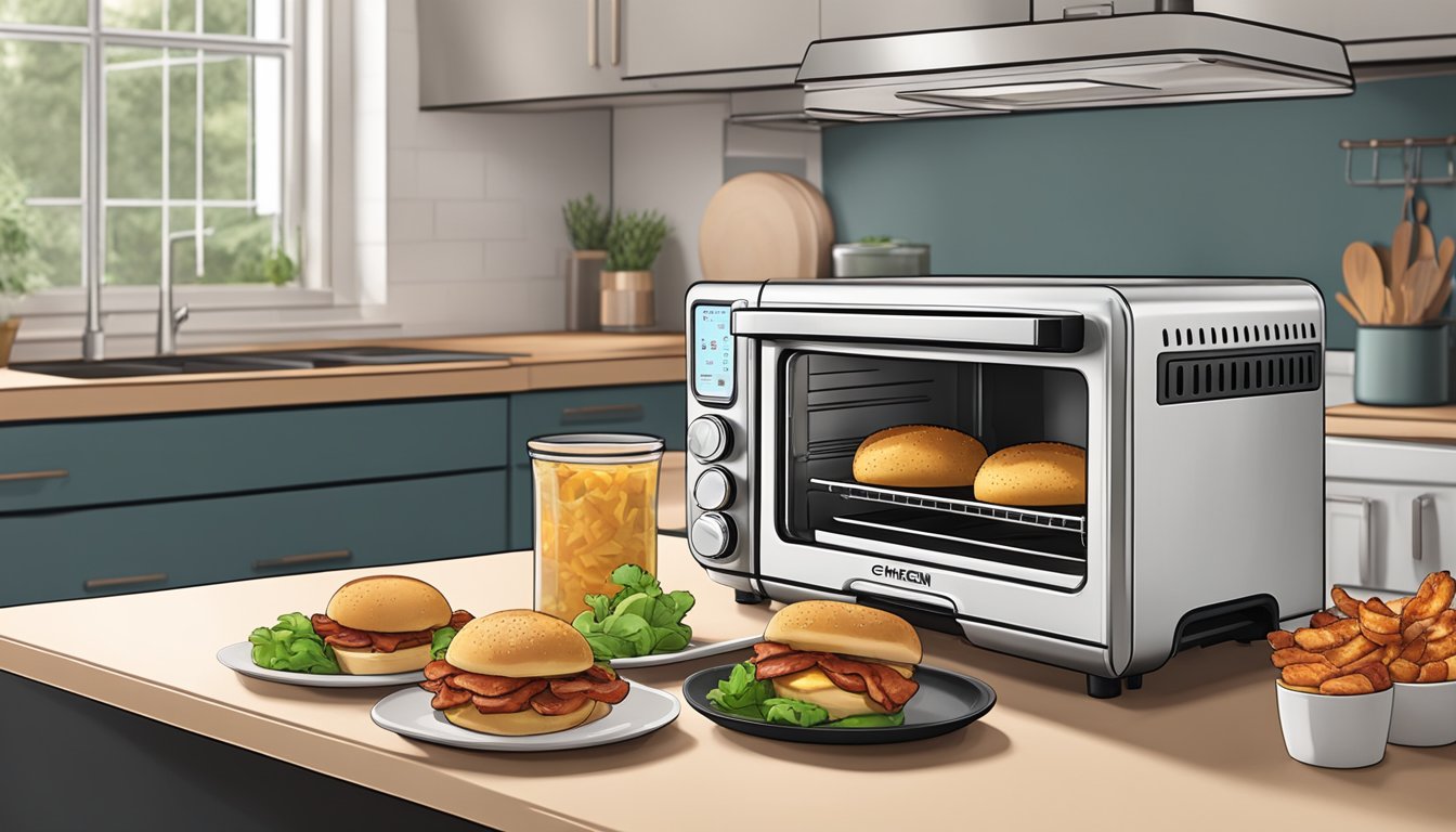 A toaster oven and air fryer sit on a kitchen counter, with chicken and bacon sliders placed inside for reheating