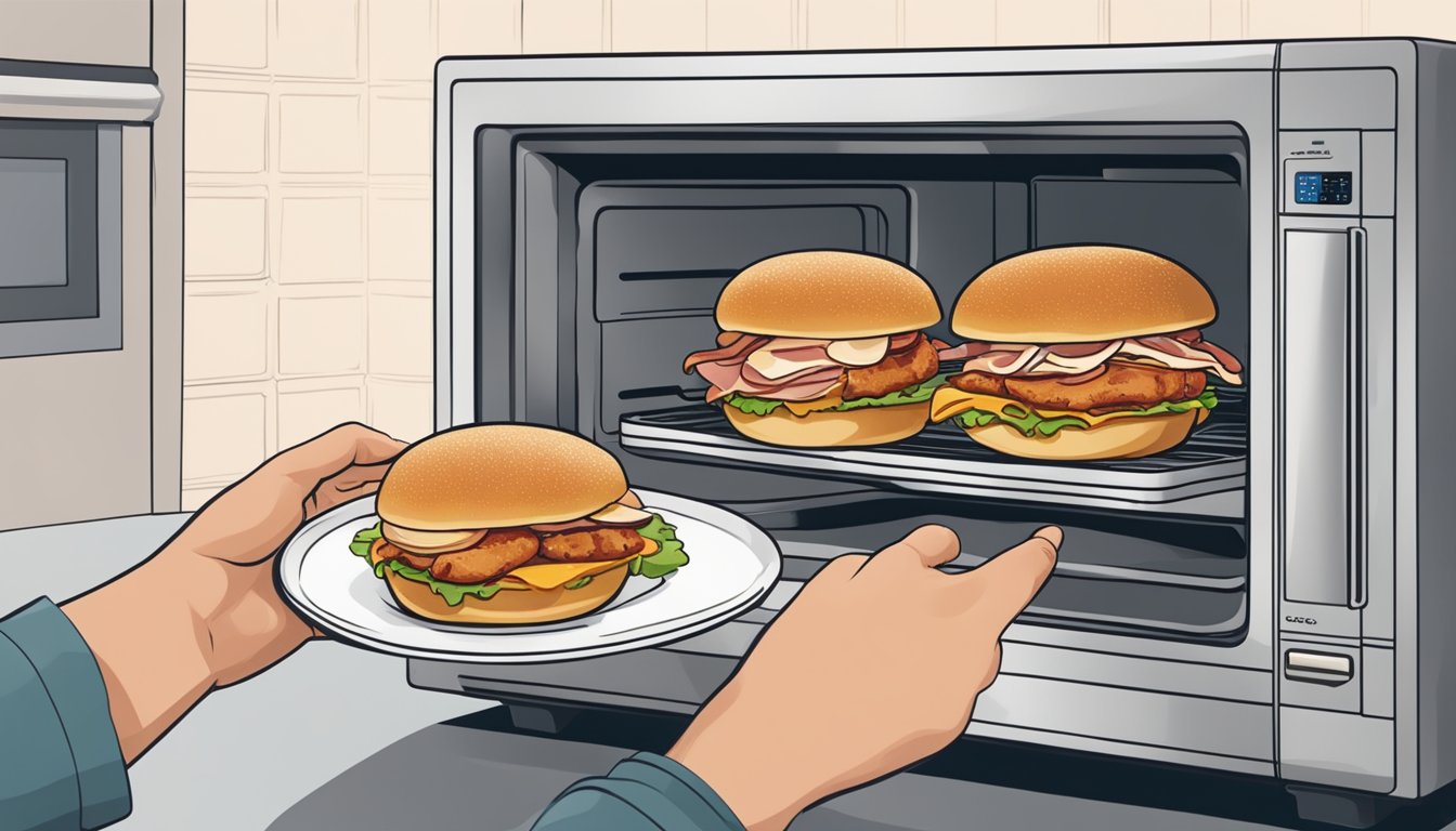 A hand reaching for a plate of chicken and bacon sliders in a microwave