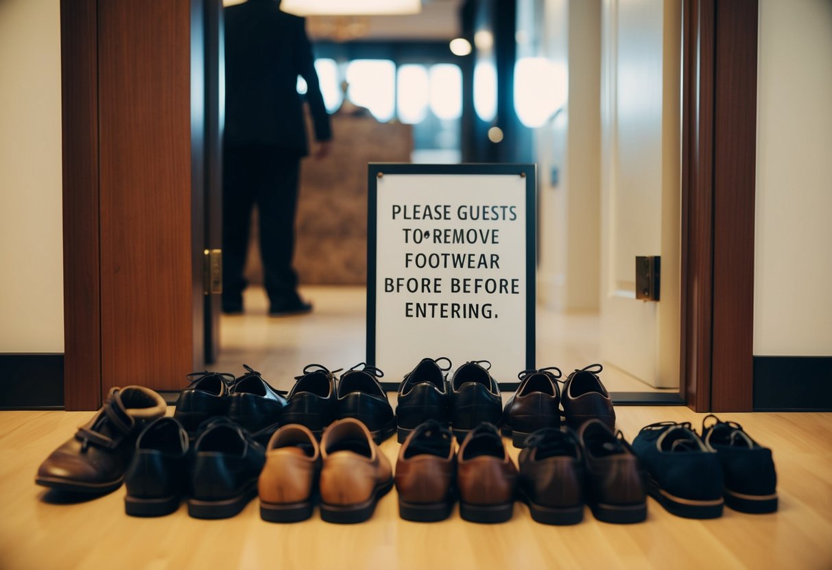A pile of shoes neatly arranged by the door, with a sign asking guests to remove their footwear before entering