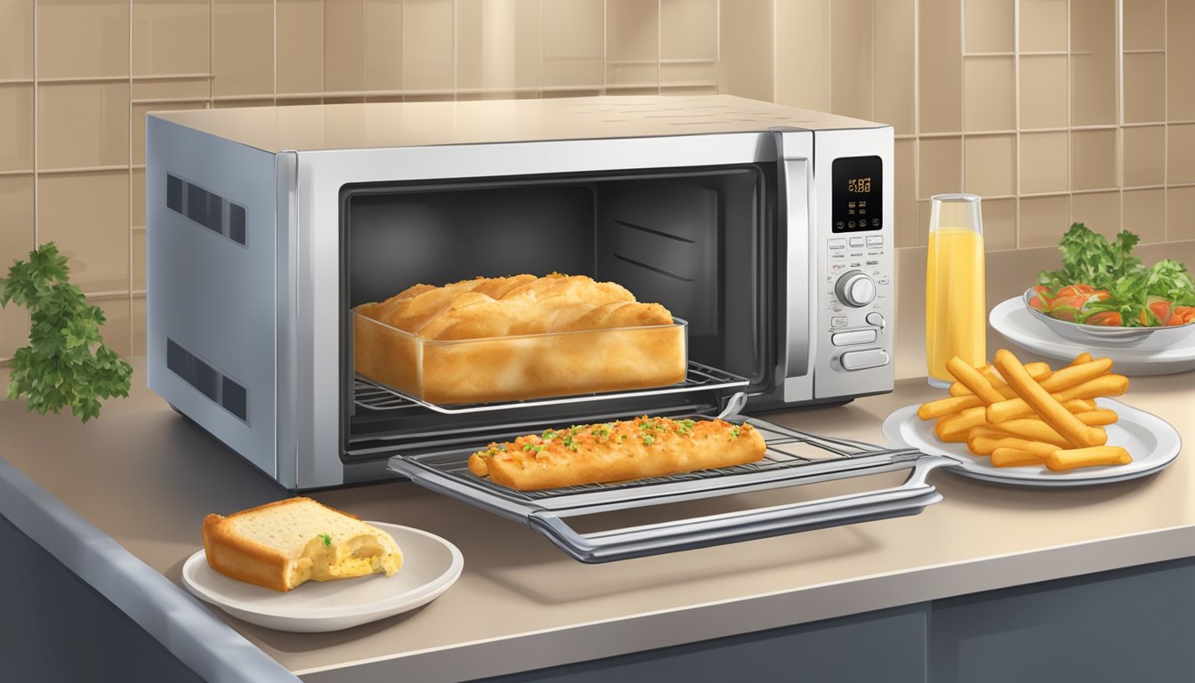 A microwave and oven next to a plate of chicken and cheese stuffed breadsticks, with steam rising from the food