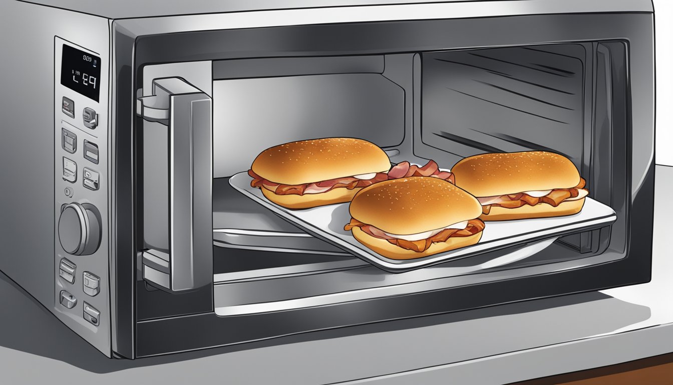 A plate of chicken and bacon sliders being reheated in a microwave