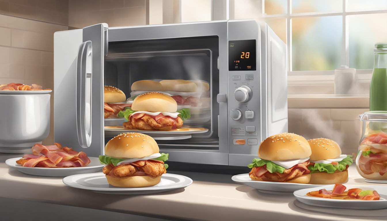 A plate of reheated chicken and bacon sliders surrounded by steam, with a microwave in the background and a timer set for optimal results