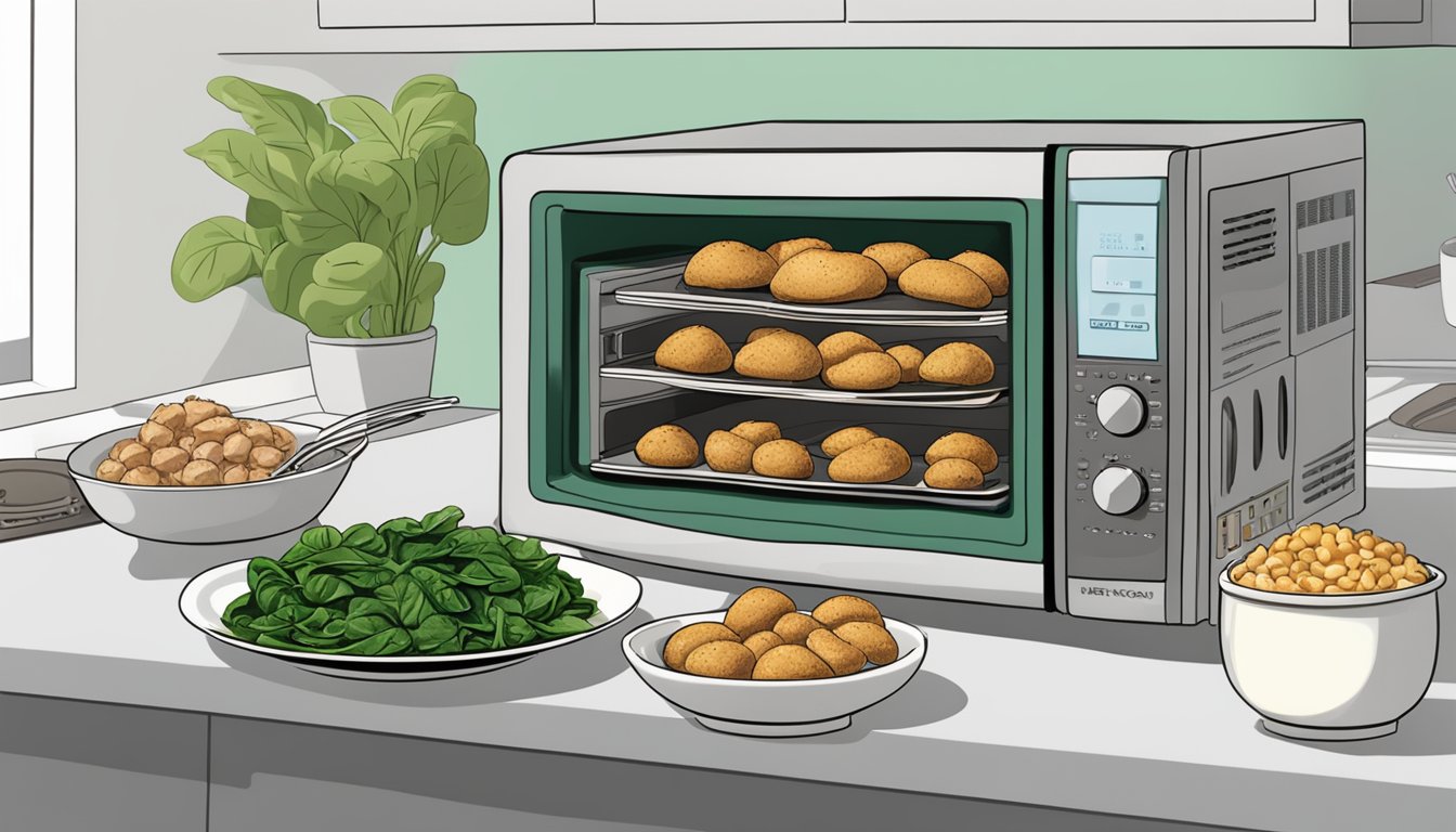 A plate of stuffed mushrooms and a microwave with a steaming bowl of chicken and spinach beside it