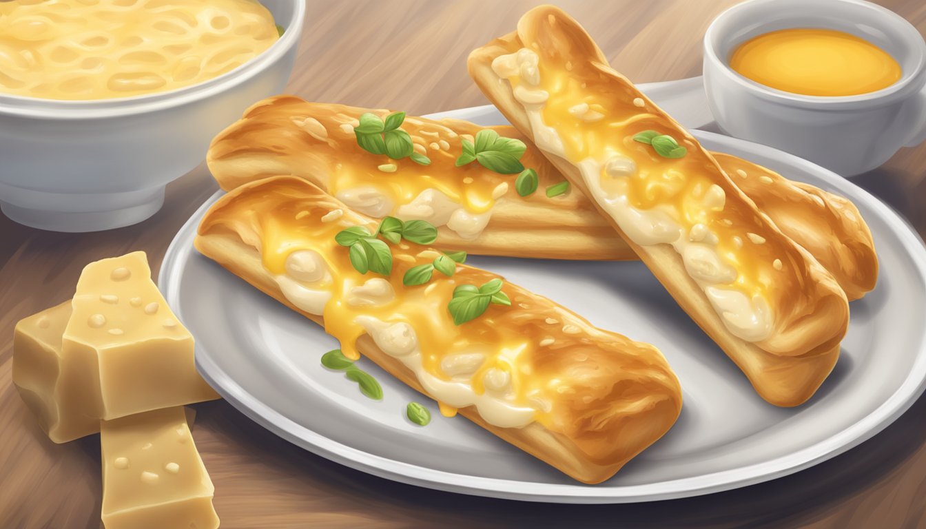 A plate of reheated chicken and cheese stuffed breadsticks, steam rising, golden crust glistening, oozing with melted cheese