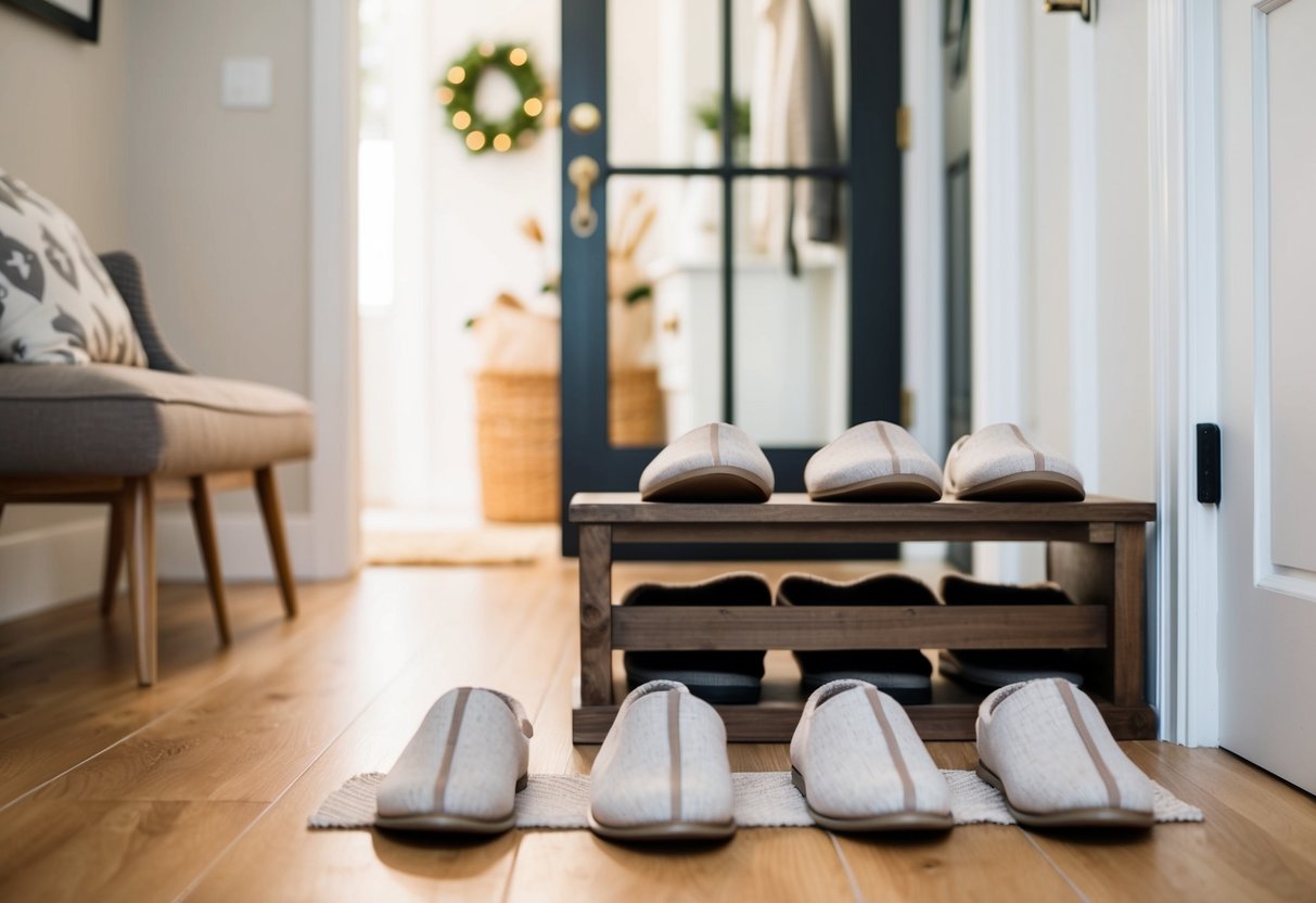 A welcoming home entryway with a shoe rack and cozy slippers provided for guests, inviting them to comfortably remove their shoes
