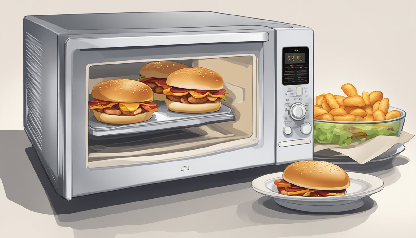 A microwave with open door, containing a plate of chicken and bacon sliders on a paper towel