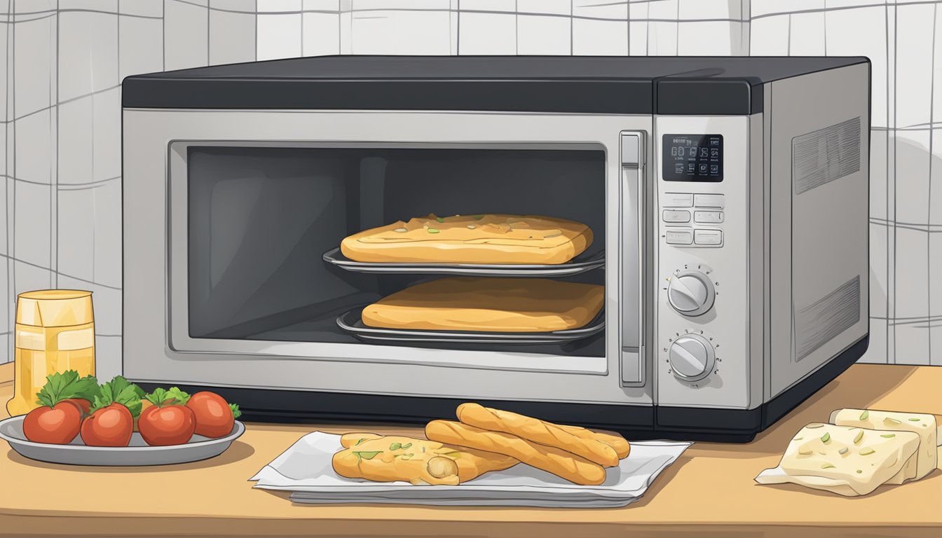 A microwave with a plate of chicken and cheese stuffed breadsticks on a paper towel, a fork, and a timer set for reheating