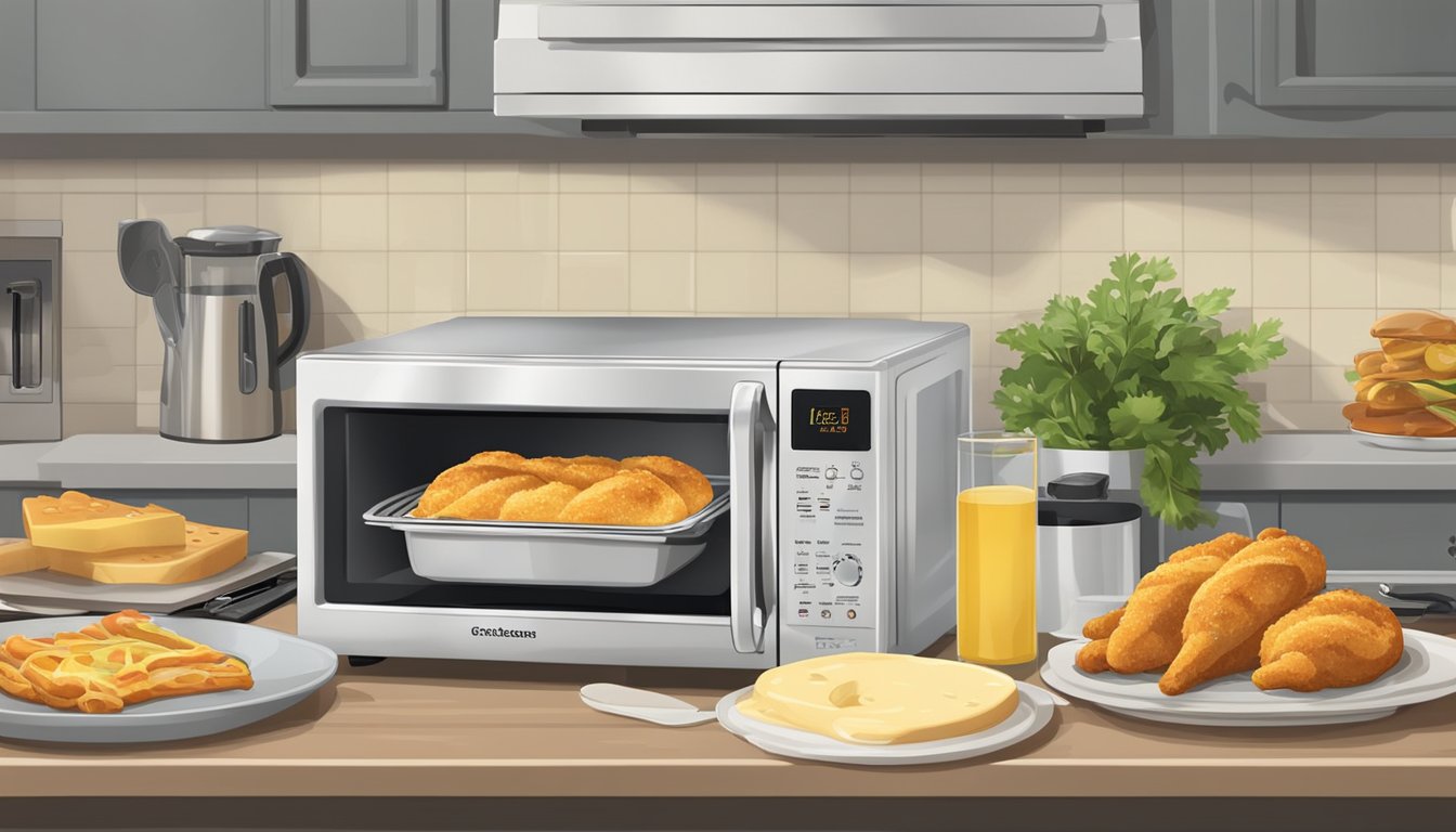 A microwave with chicken and cheese stuffed breadsticks on a plate, a toaster oven, and a skillet on a kitchen counter