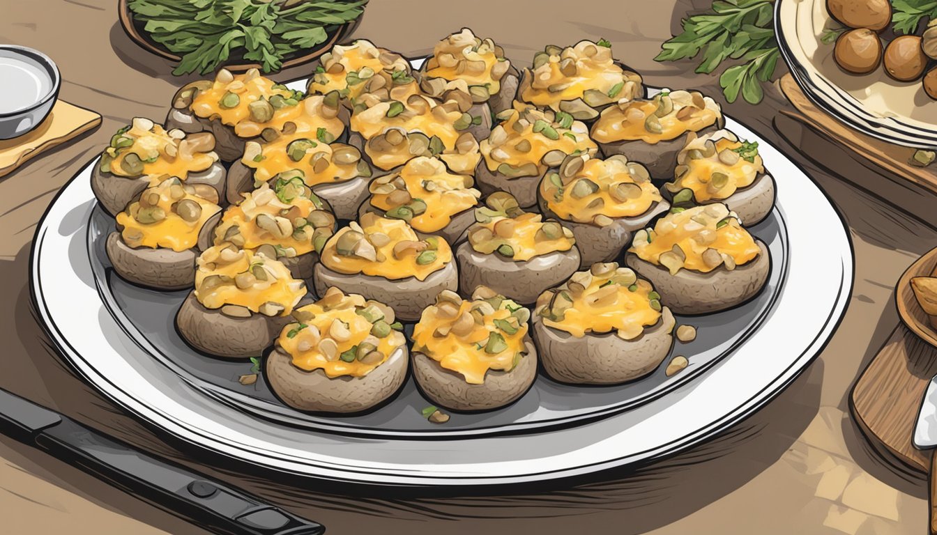 A plate of reheated chicken and cheese stuffed mushrooms, steaming and ready to be enjoyed