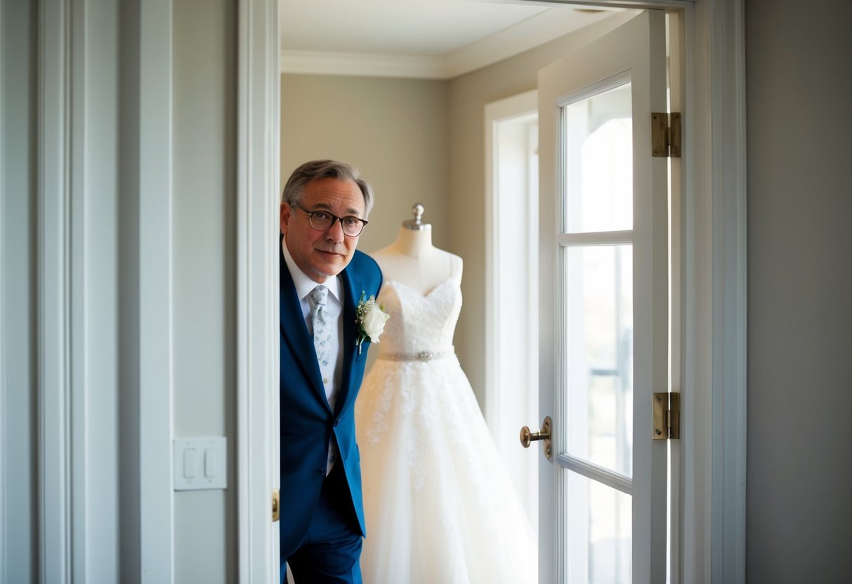 A father peeking through a partially open door at a wedding dress on a mannequin