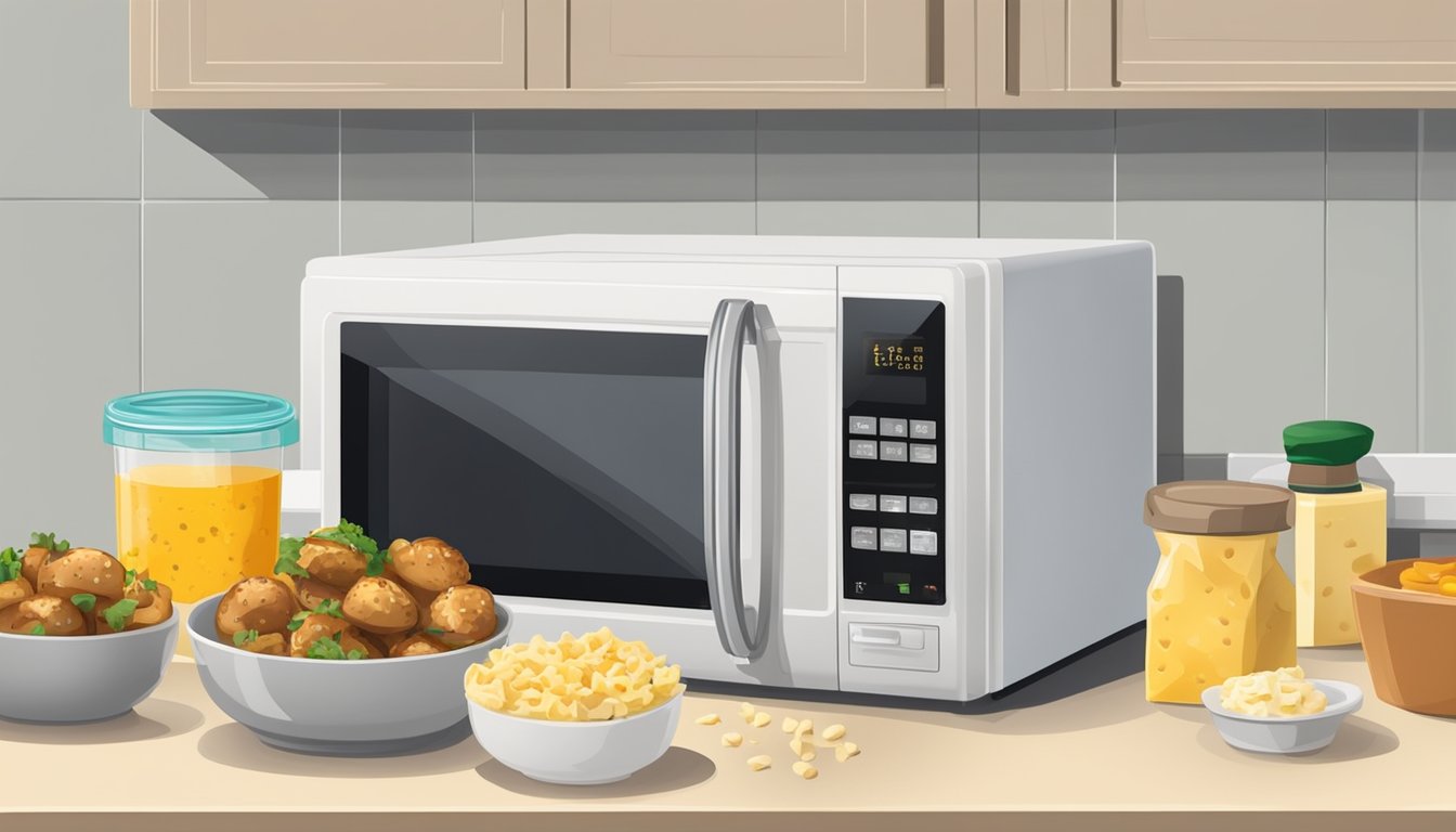 A kitchen counter with a plate of chicken and cheese stuffed mushrooms, a microwave, and a container for proper storage