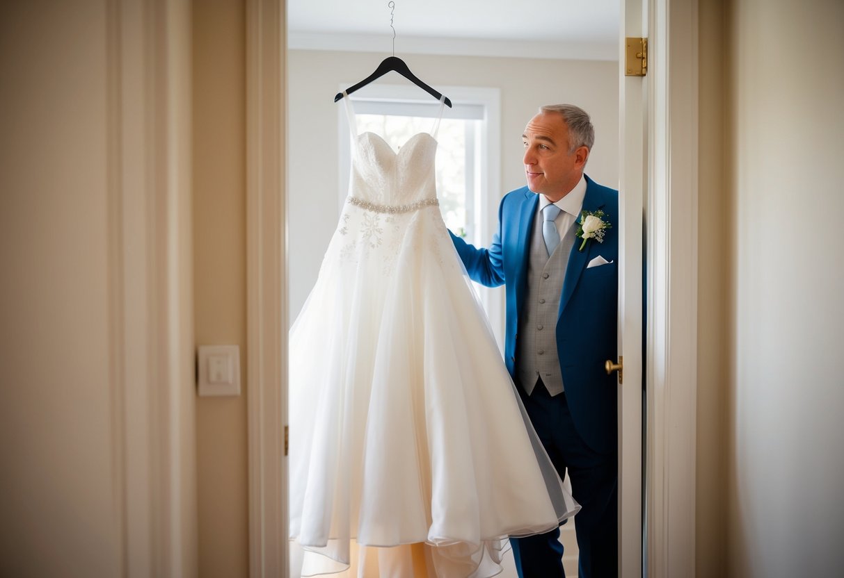 A father peeks through a crack in the door, catching a glimpse of the bride's gown hanging delicately in the soft light of the room
